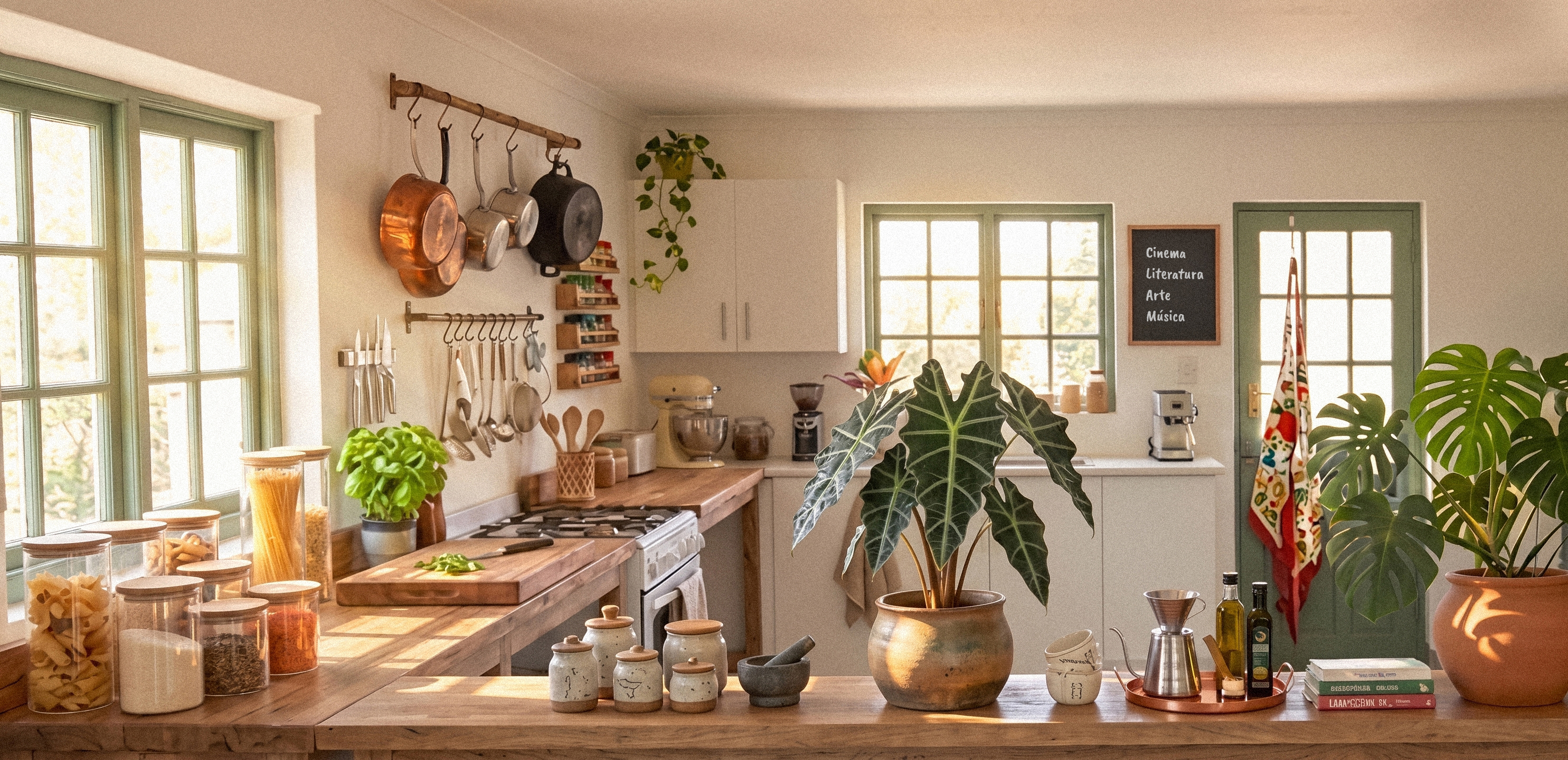 Cozinha aberta da Casa Doble Chapa em José Ignacio – madeira, plantas e a lousa com o menu da semana